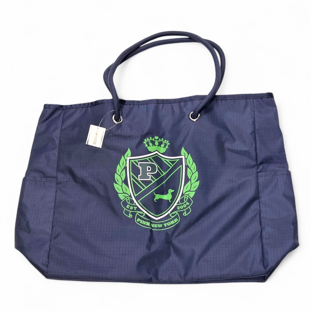 PINK Victoria's Secret Navy Blue Tote Pink NY Varsity Dog Green Accents NWT